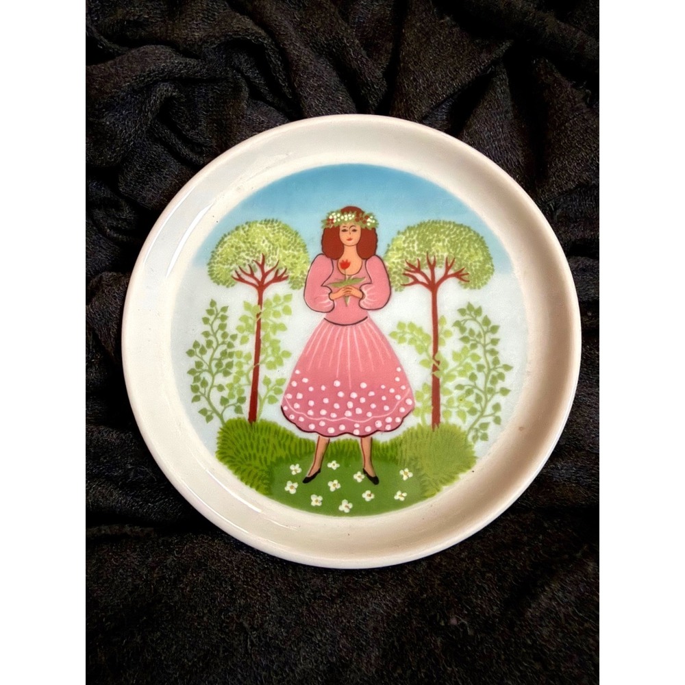 Vintage Furstenberg West Germany Porcelain Wall coaster Girl Pink Dress Folk Art